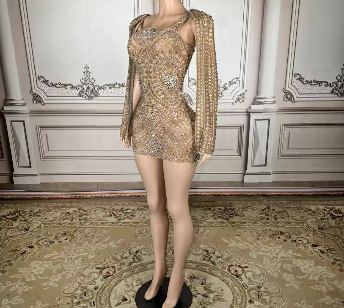 Sexy Printed Rhinestone See Through Short Dress