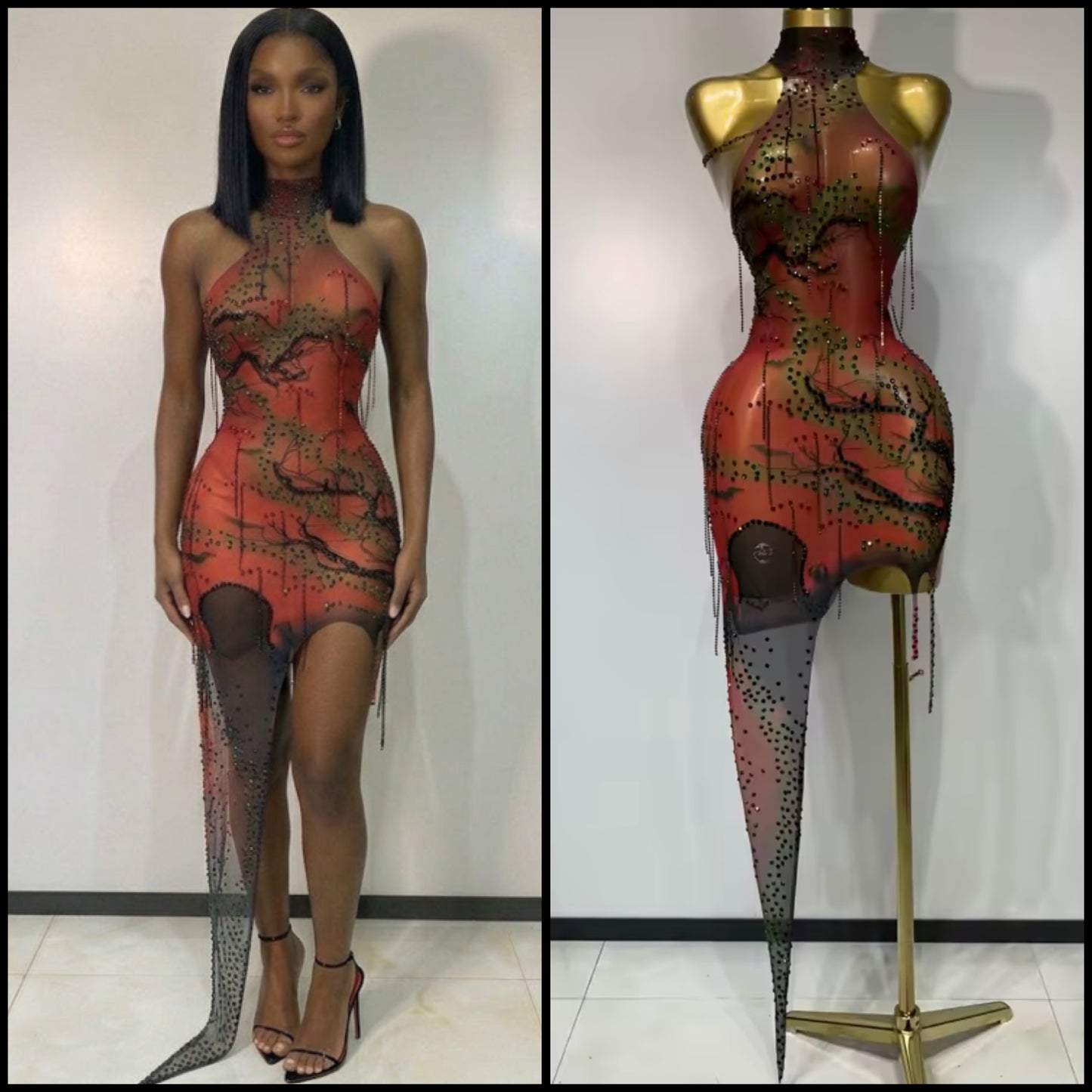 Sexy Halter Sleeveless See Through Rhinestone Dress