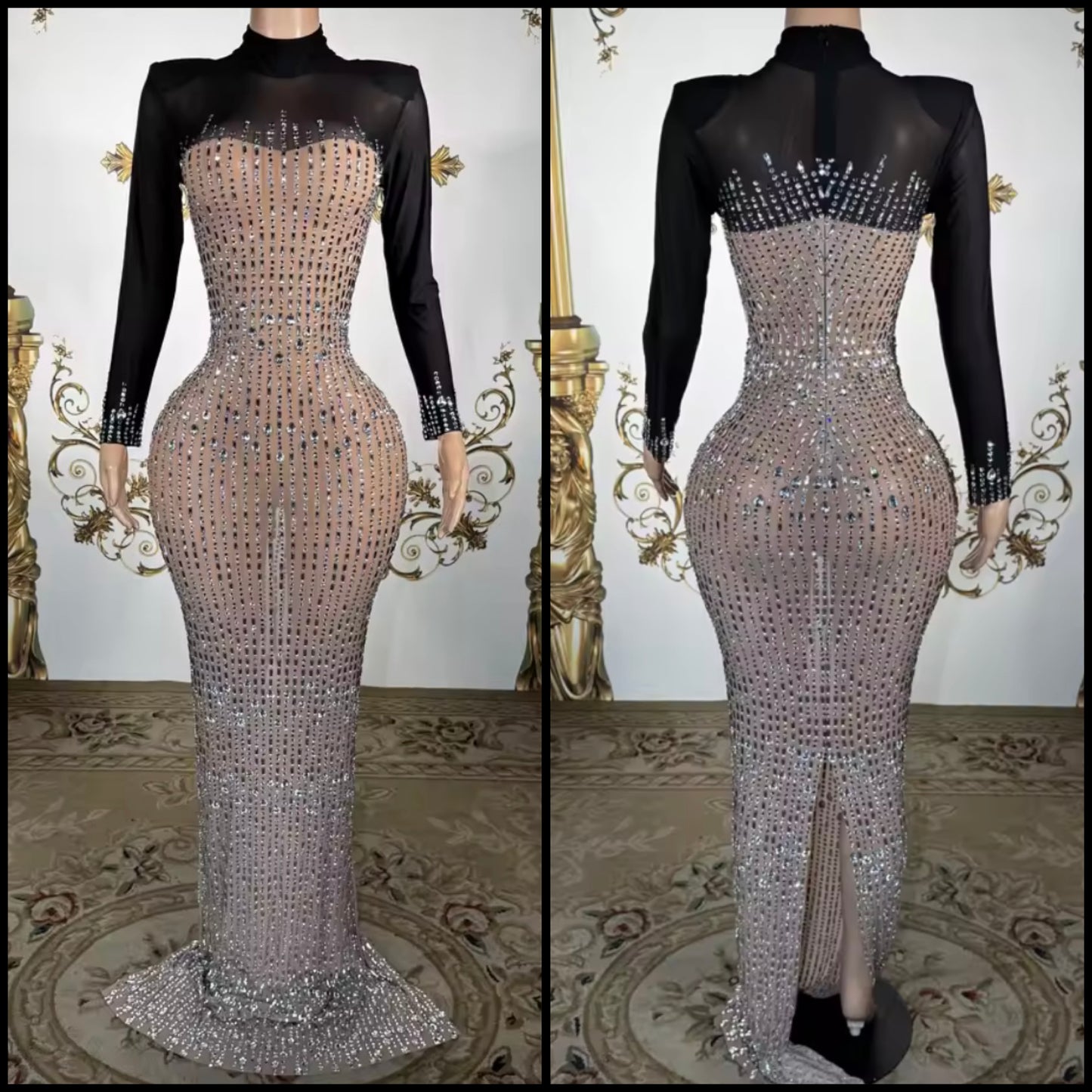 Sexy Rhinestone Embellishment Full Sleeve Maxi Dress