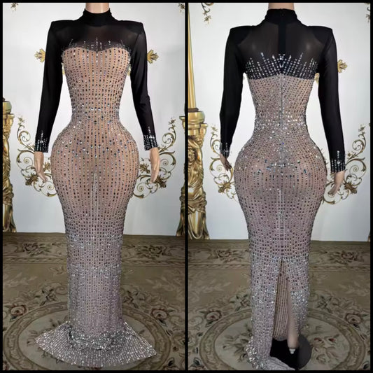 Sexy Rhinestone Embellishment Full Sleeve Maxi Dress