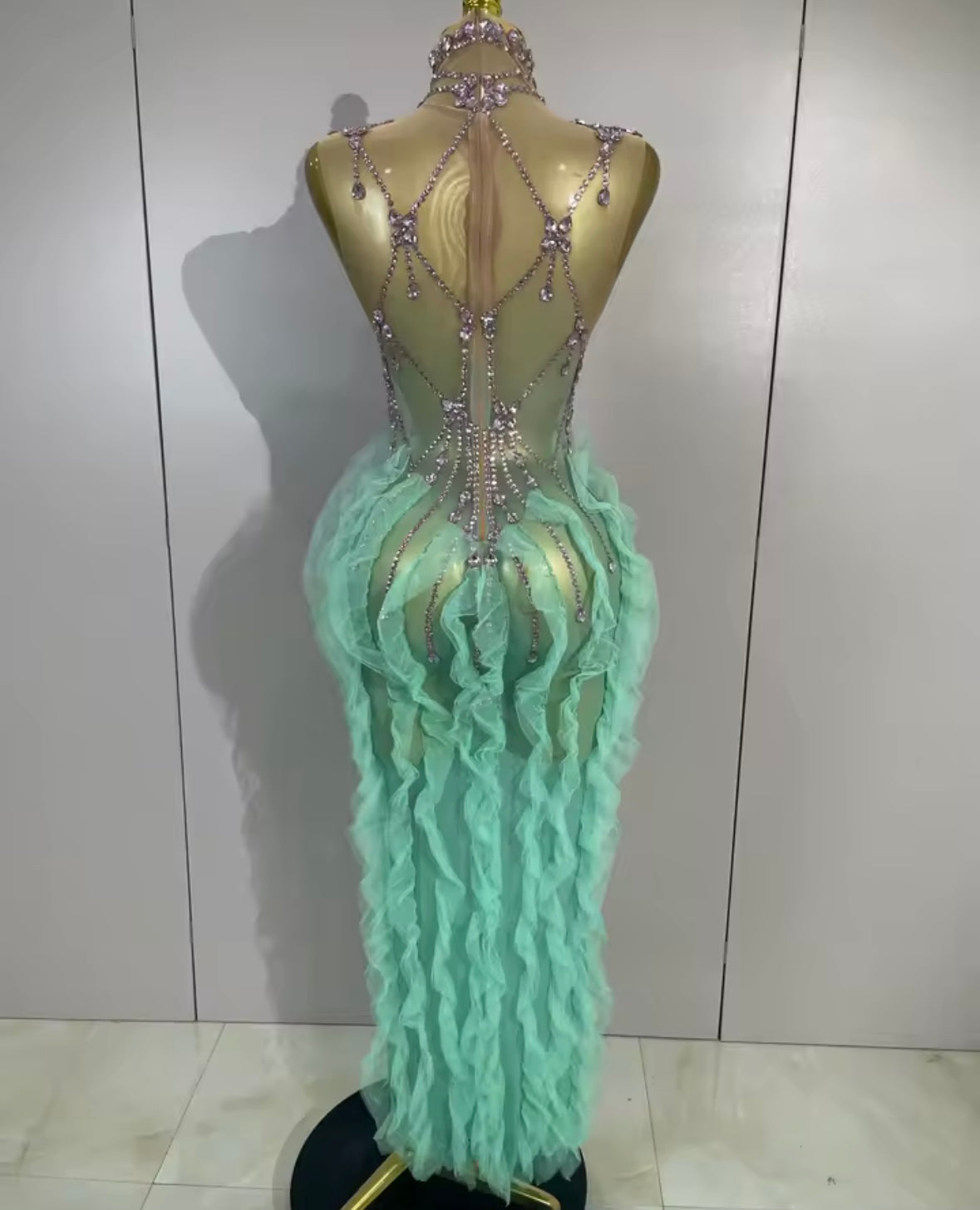 Sexy Sleeveless Rhinestone Ruffle See Through Maxi Dress