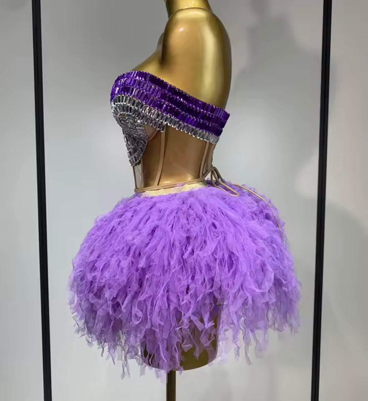 Sexy Purple Rhinestone Mesh Sleeveless Two Piece Ruffled Skirt Set
