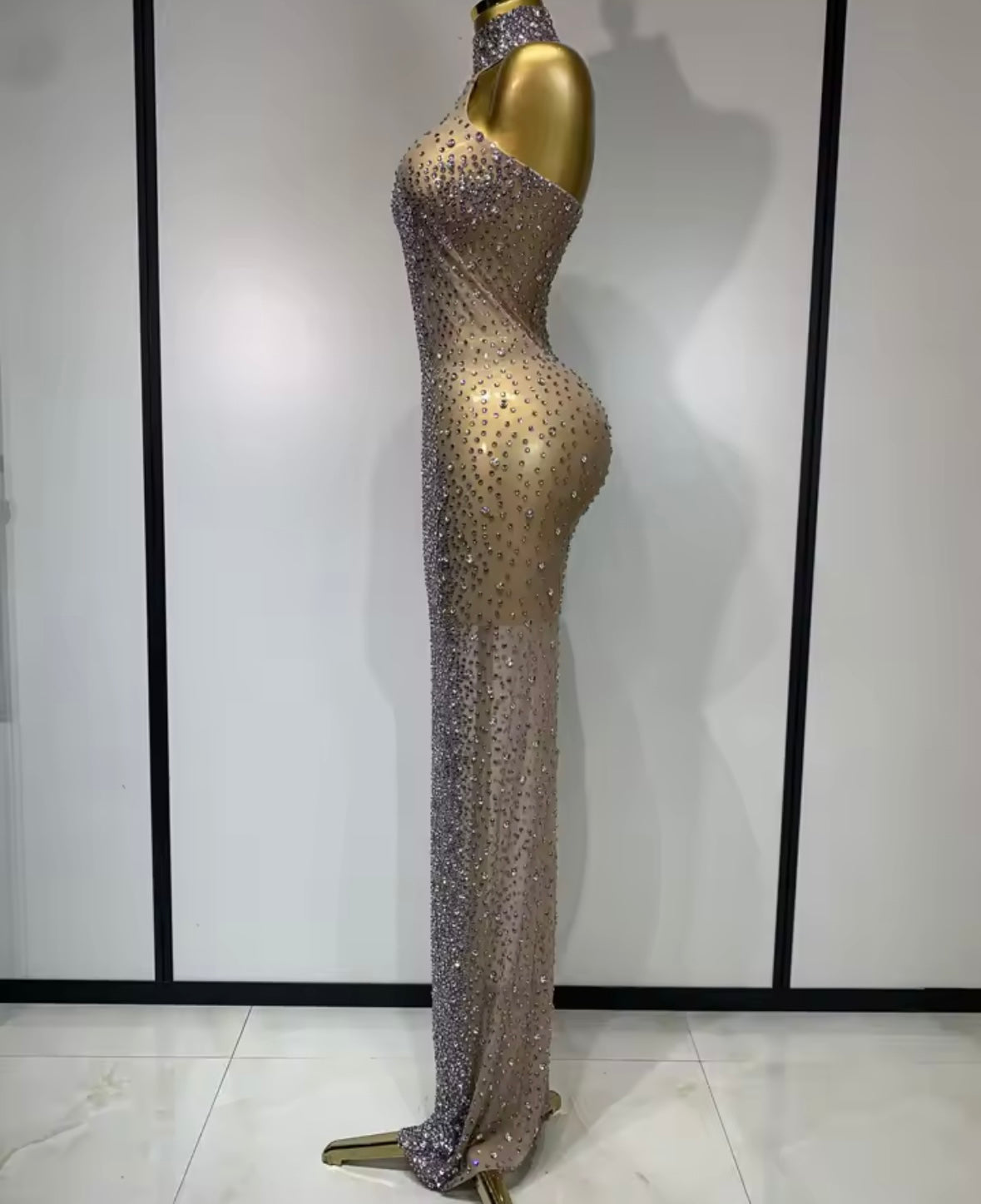 Sexy Sparkly Rhinestone Halter Sleeveless Maxi Dress