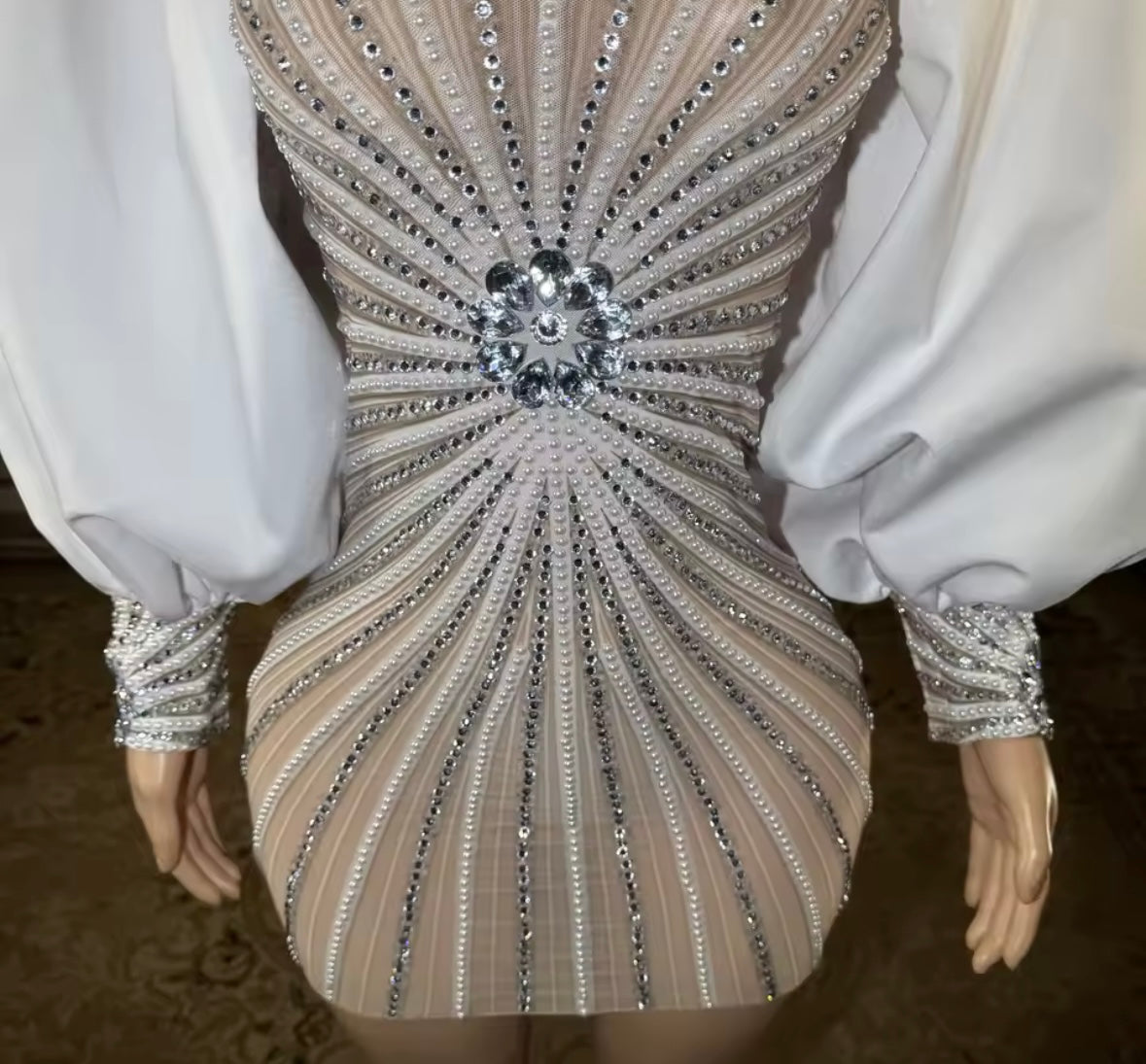 Rhinestone Halter Full Sleeve See Through Dress