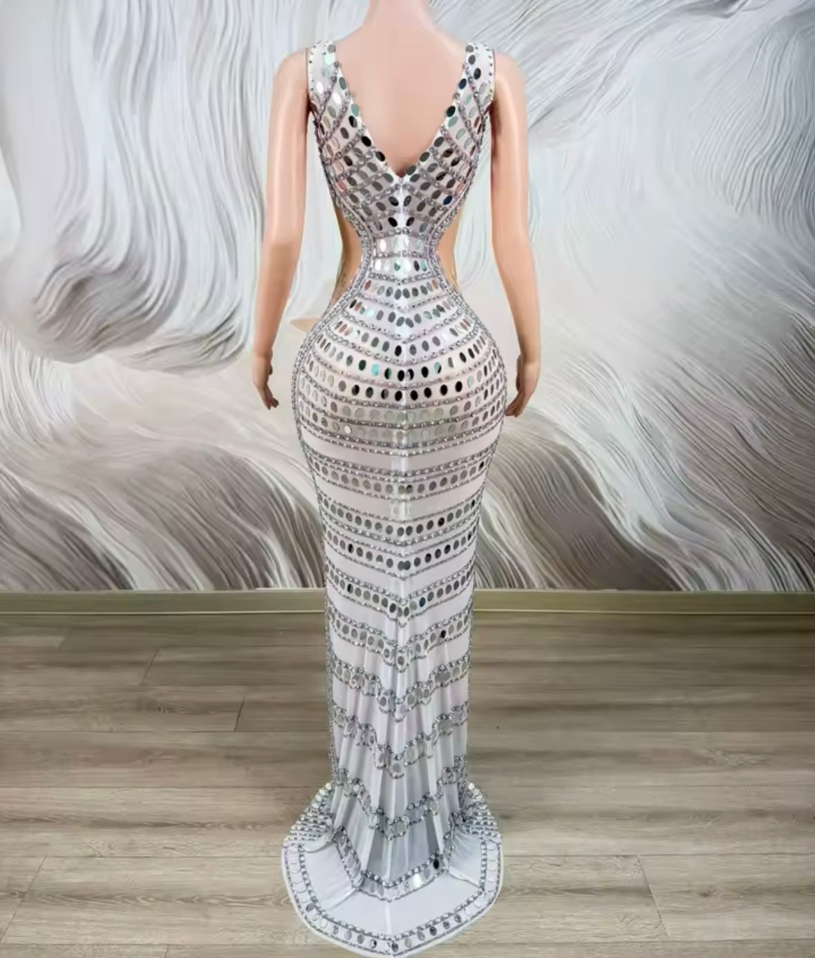 Sexy Sleeveless Mirror Rhinestone Embellishment Maxi Dress