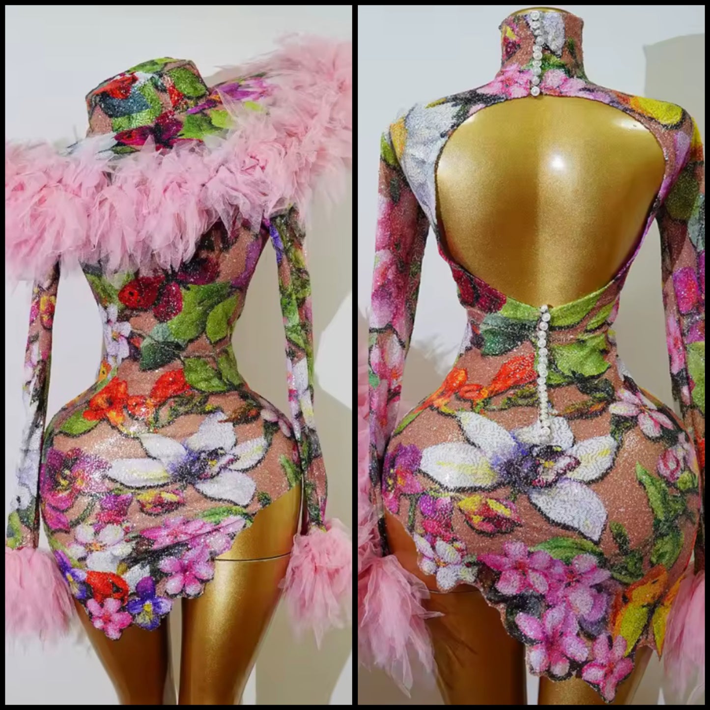 Sexy Floral Sequins Ruffle Full Sleeve Dress Hat Set