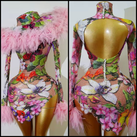 Sexy Floral Sequins Ruffle Full Sleeve Dress Hat Set