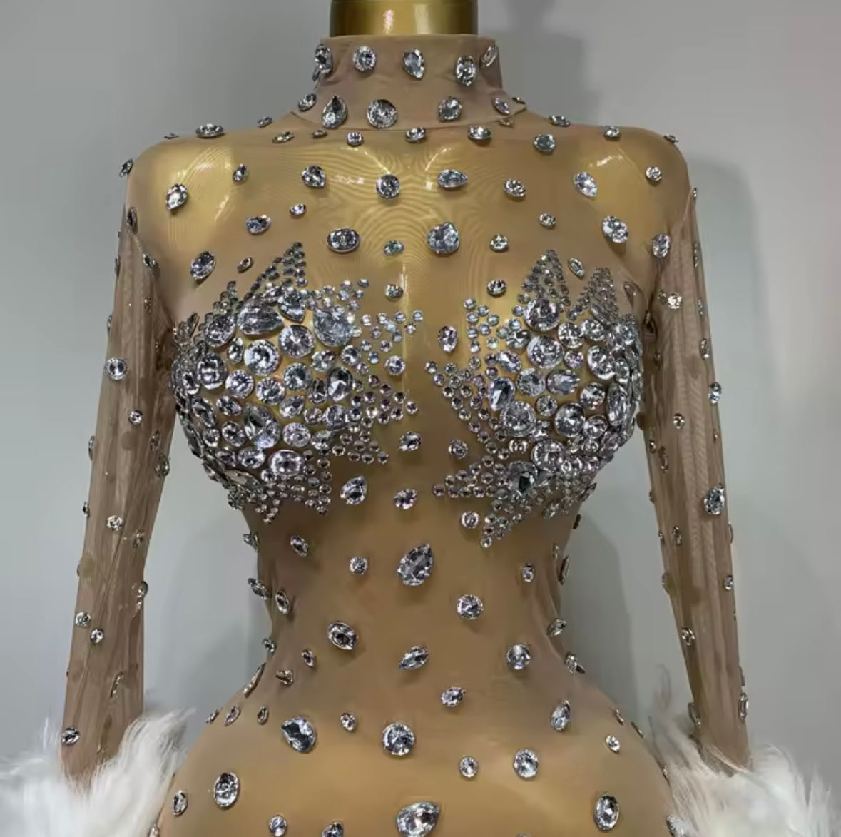 Rhinestone Feather Full Sleeve Sexy Mesh Jumpsuit