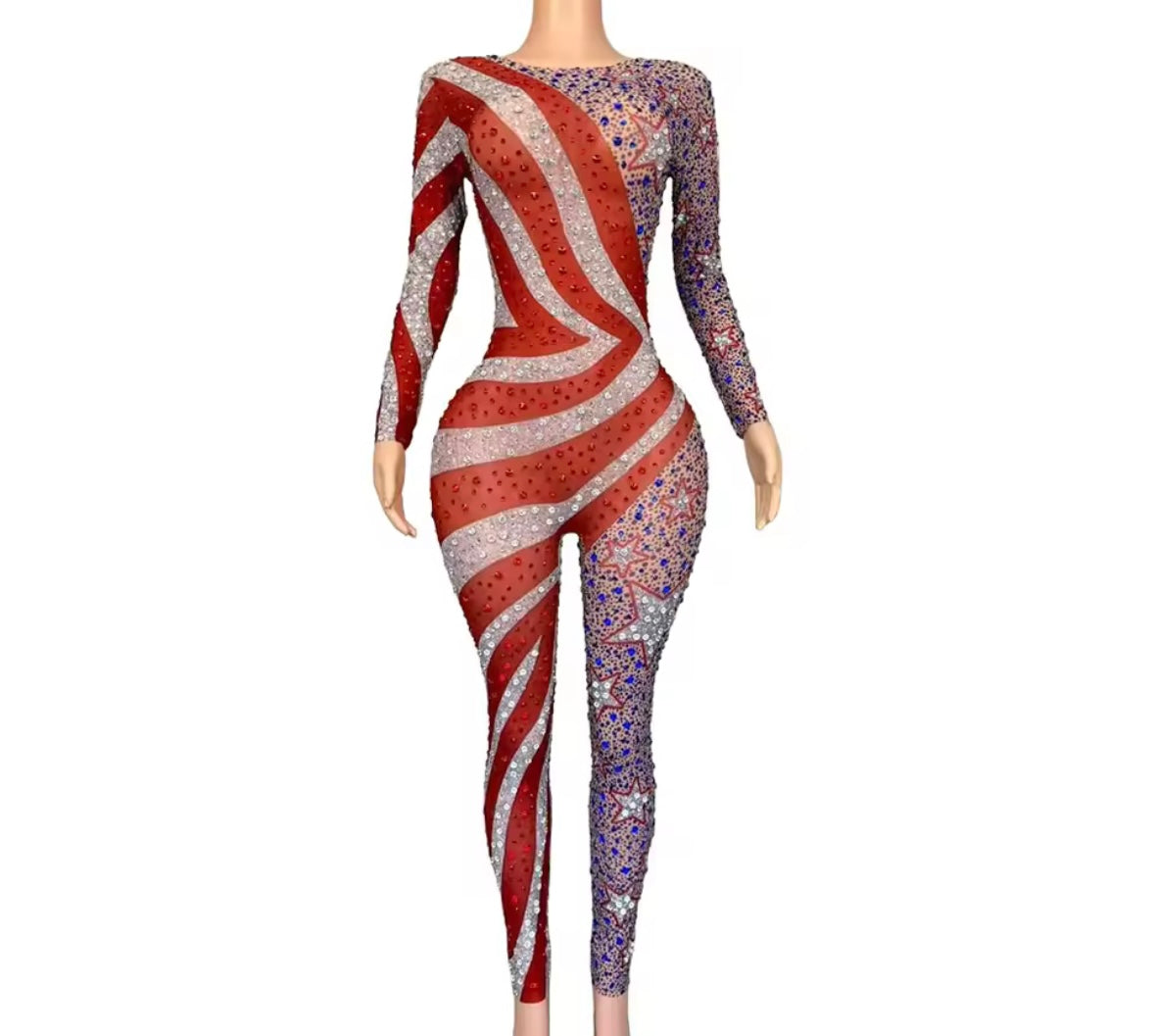 Sexy Striped Star Rhinestone See Through Full Sleeve Jumpsuit