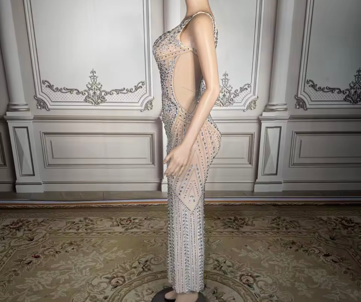 Rhinestone Embellishment Sexy Sleeveless Side Split Maxi Dress