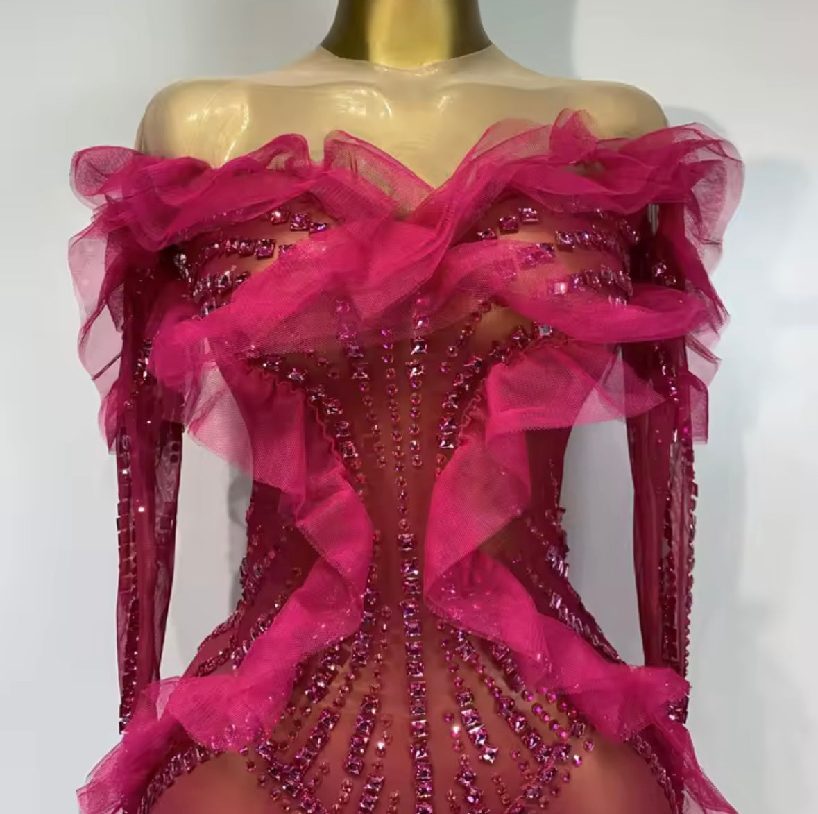 Pink Sexy Ruffled Rhinestone See Through Jumpsuit