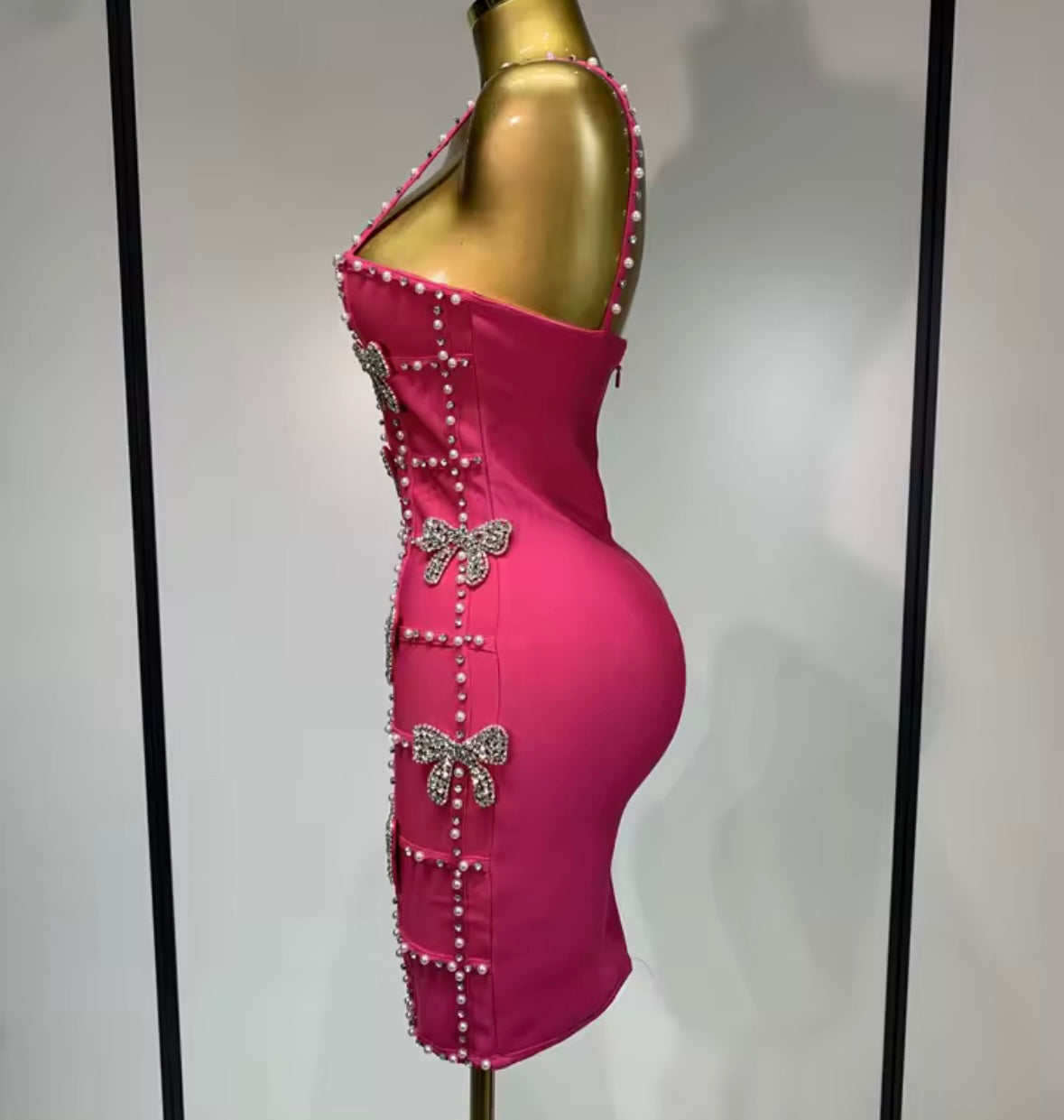 Pink Sleeveless Pearl Bow Rhinestone Dress