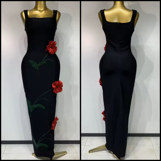 Black Sexy Sleeveless 3D Floral Rhinestone Maxi Dress