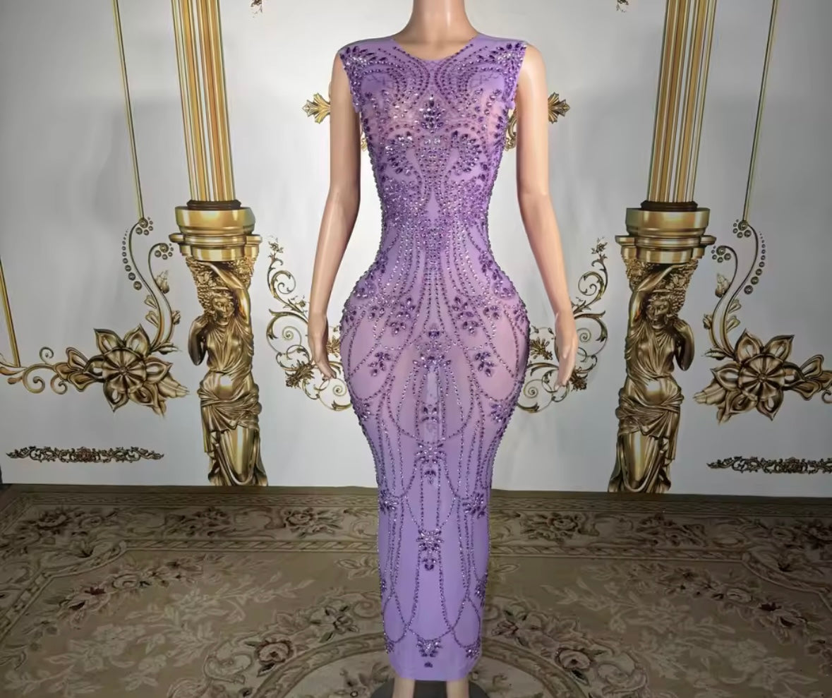 Purple Sleeveless Rhinestone Embellishment Sexy Maxi Dress