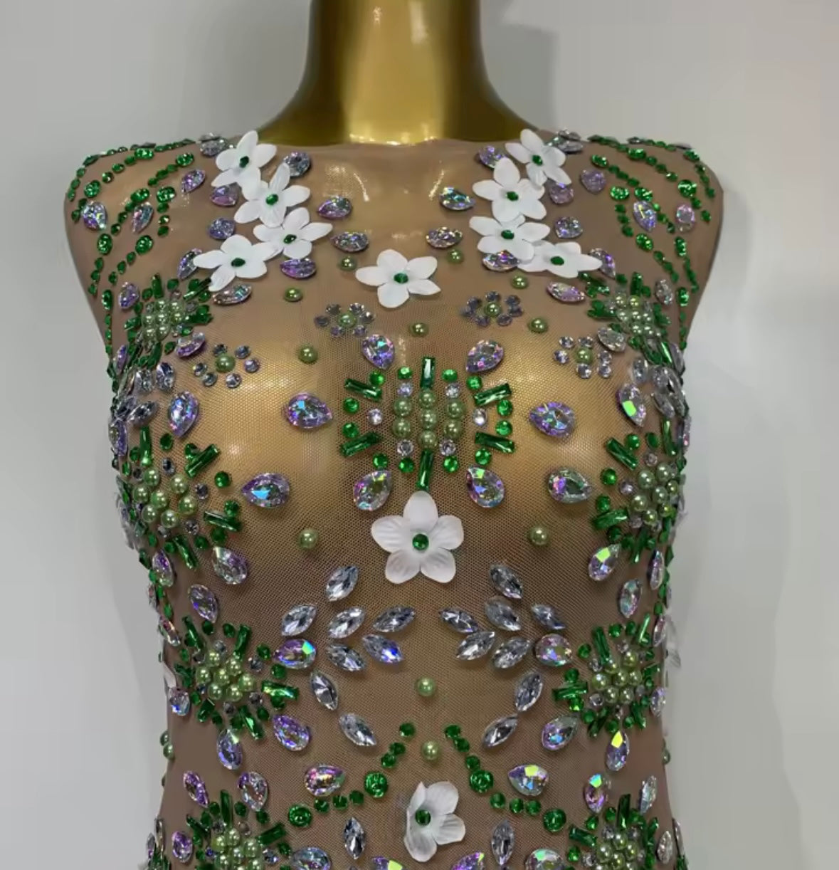 Sexy See Through Sleeveless Floral Rhinestone Dress