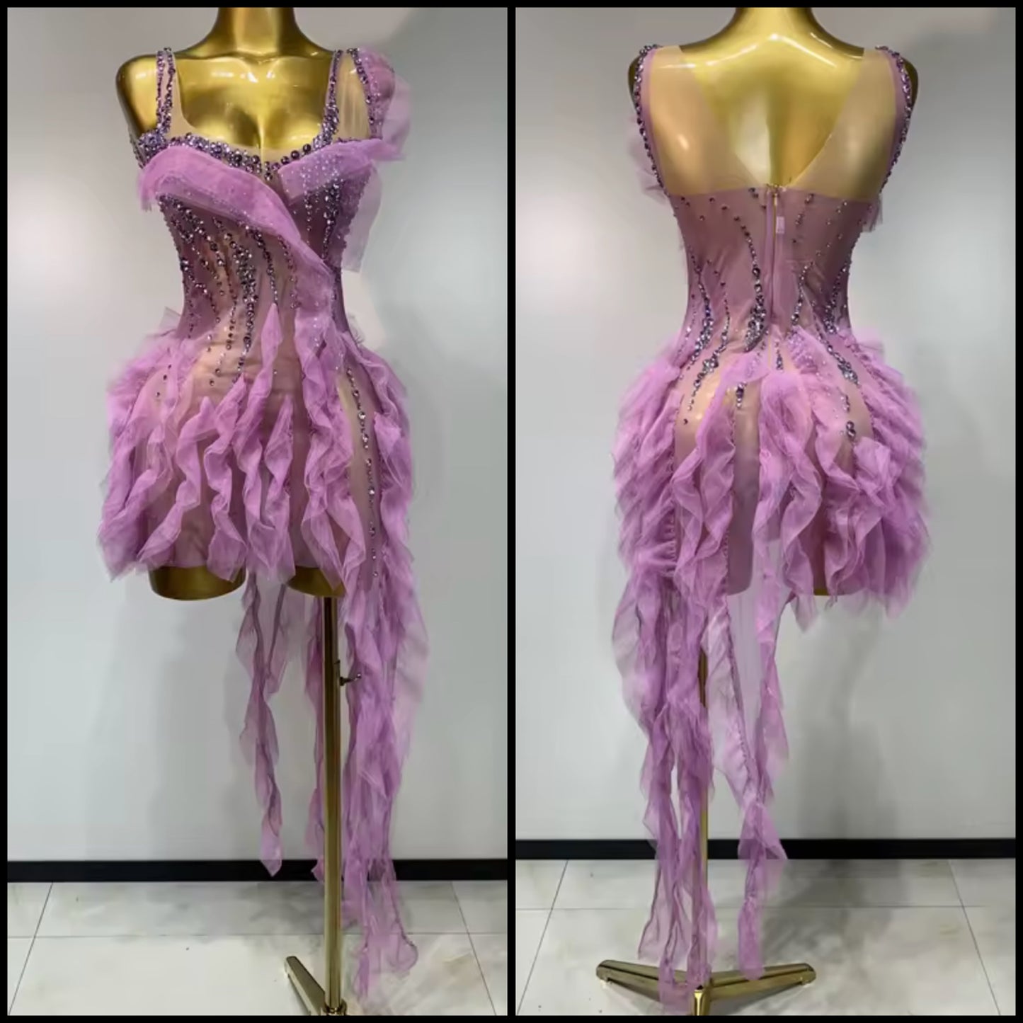 Sexy Sleeveless Lavender Ruffle Rhinestone Tassel Dress