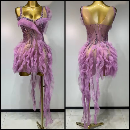Sexy Sleeveless Lavender Ruffle Rhinestone Tassel Dress