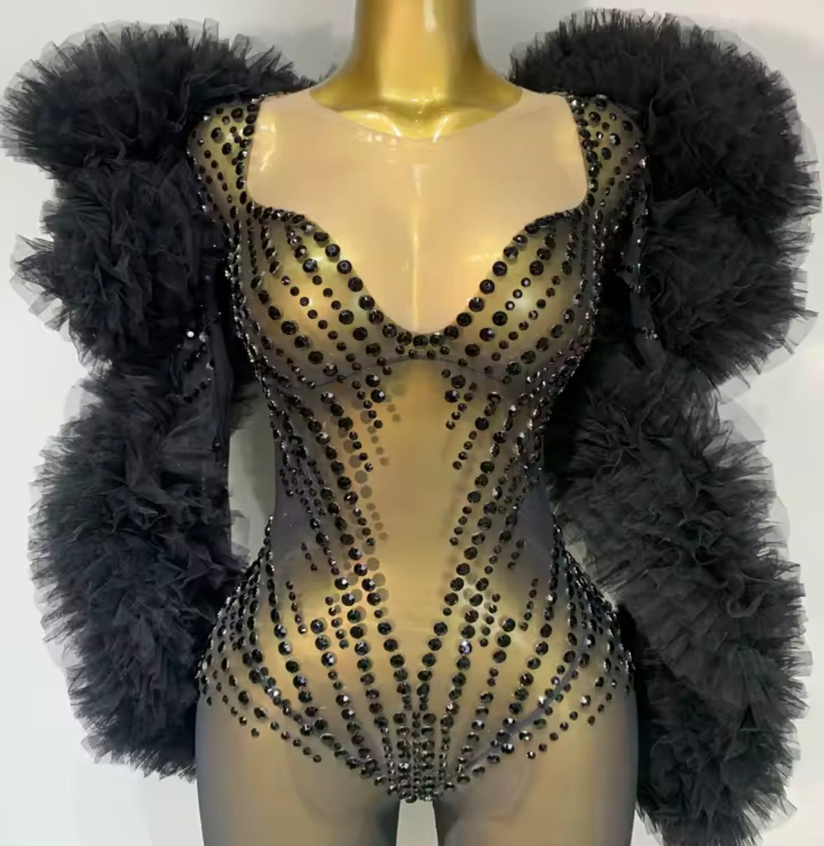 Black Rhinestone Embellishment Ruffle Sexy Jumpsuit
