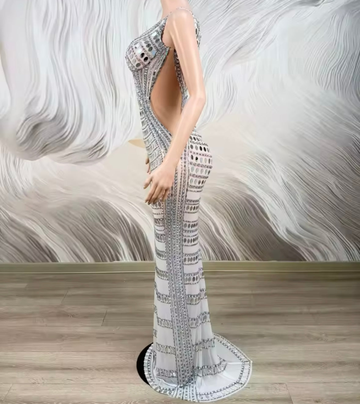 Sexy Sleeveless Mirror Rhinestone Embellishment Maxi Dress