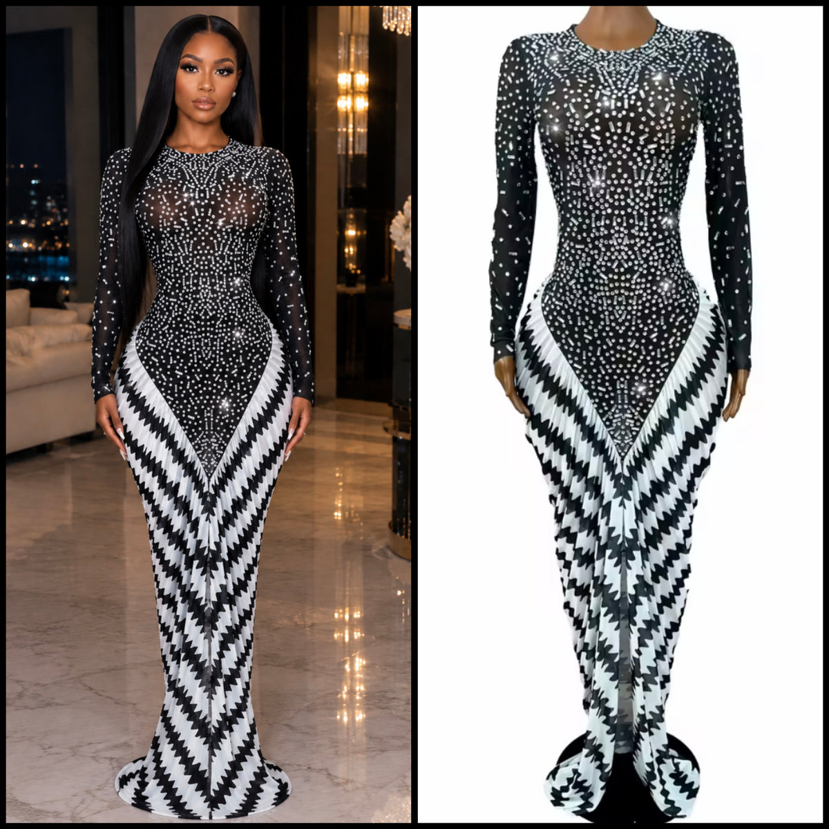 Sexy Rhinestone Full Sleeve Pleated Front Split Maxi Dress