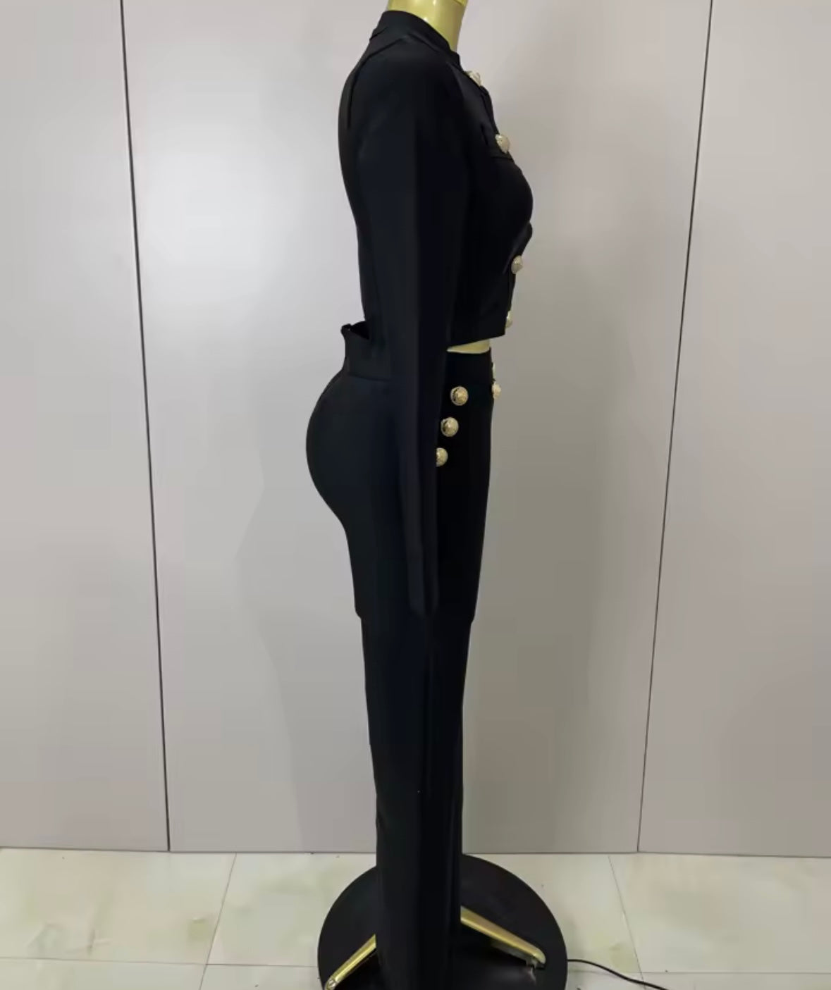 Black Fashion Gold Button Full Sleeve Crop Pant Set