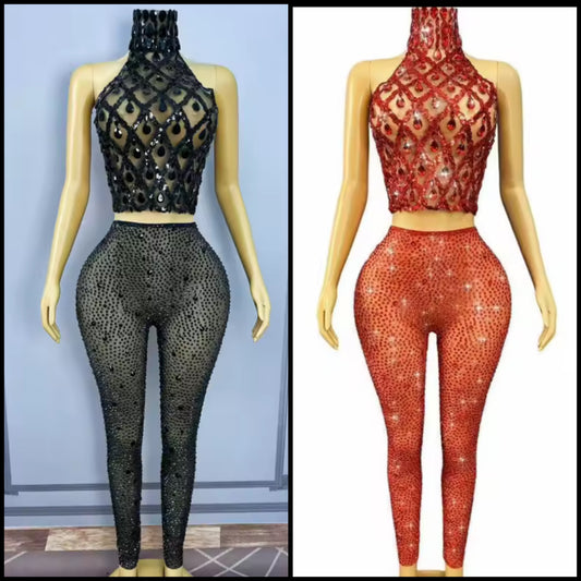 Sexy Halter Sleeveless Crystal See Through Pant Set