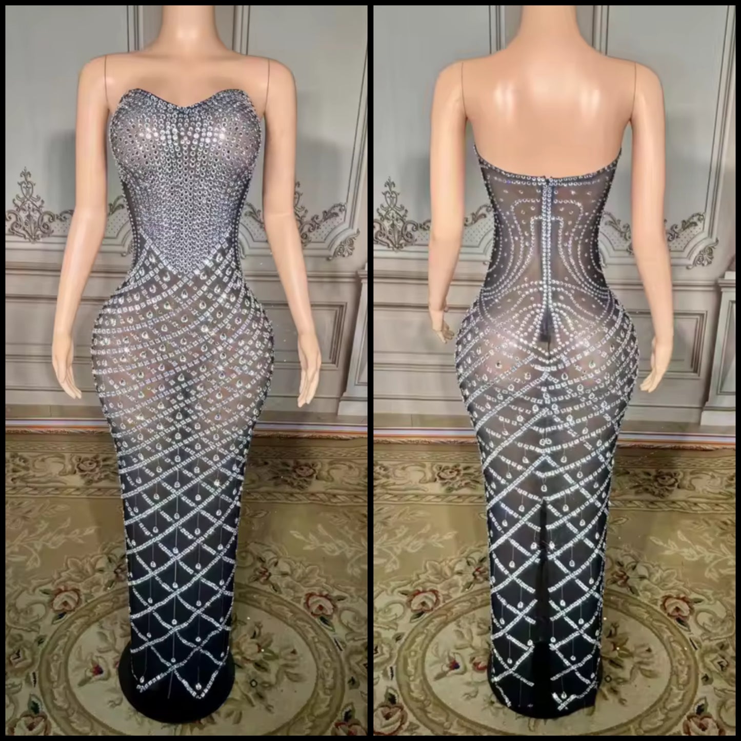 Rhinestone Embellishment Sexy Strapless See Through Maxi Dress