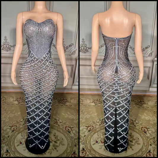 Rhinestone Embellishment Sexy Strapless See Through Maxi Dress