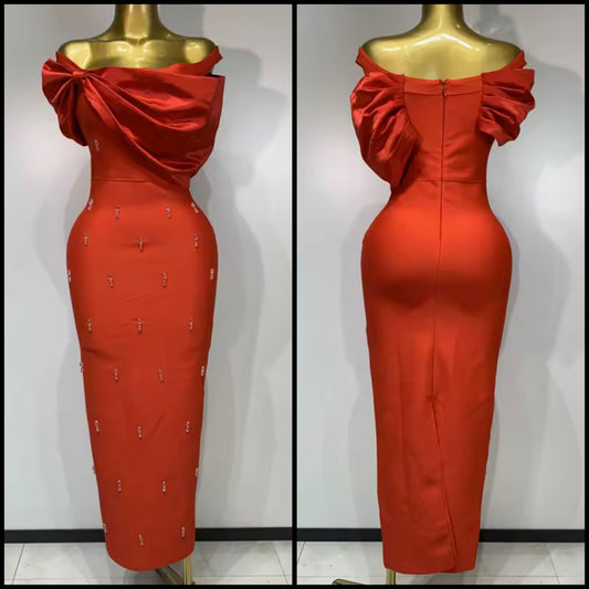 Red Off The Shoulder Beaded Elegant Maxi Dress