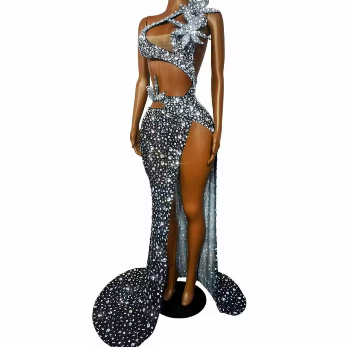 Sexy One Shoulder Sleeveless Floral Rhinestone Side Split Maxi Dress