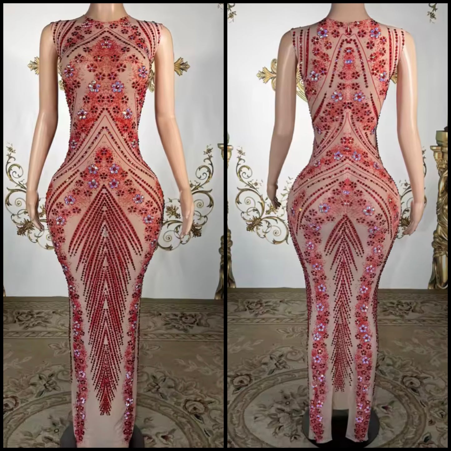 Sexy Sleeveless Floral Rhinestone Embellishment Maxi Dress
