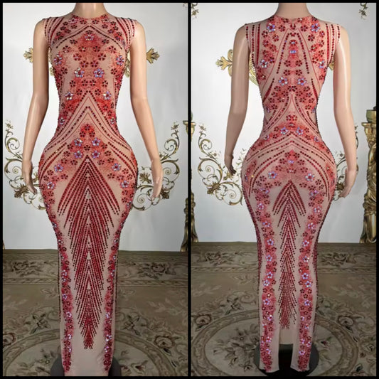 Sexy Sleeveless Floral Rhinestone Embellishment Maxi Dress