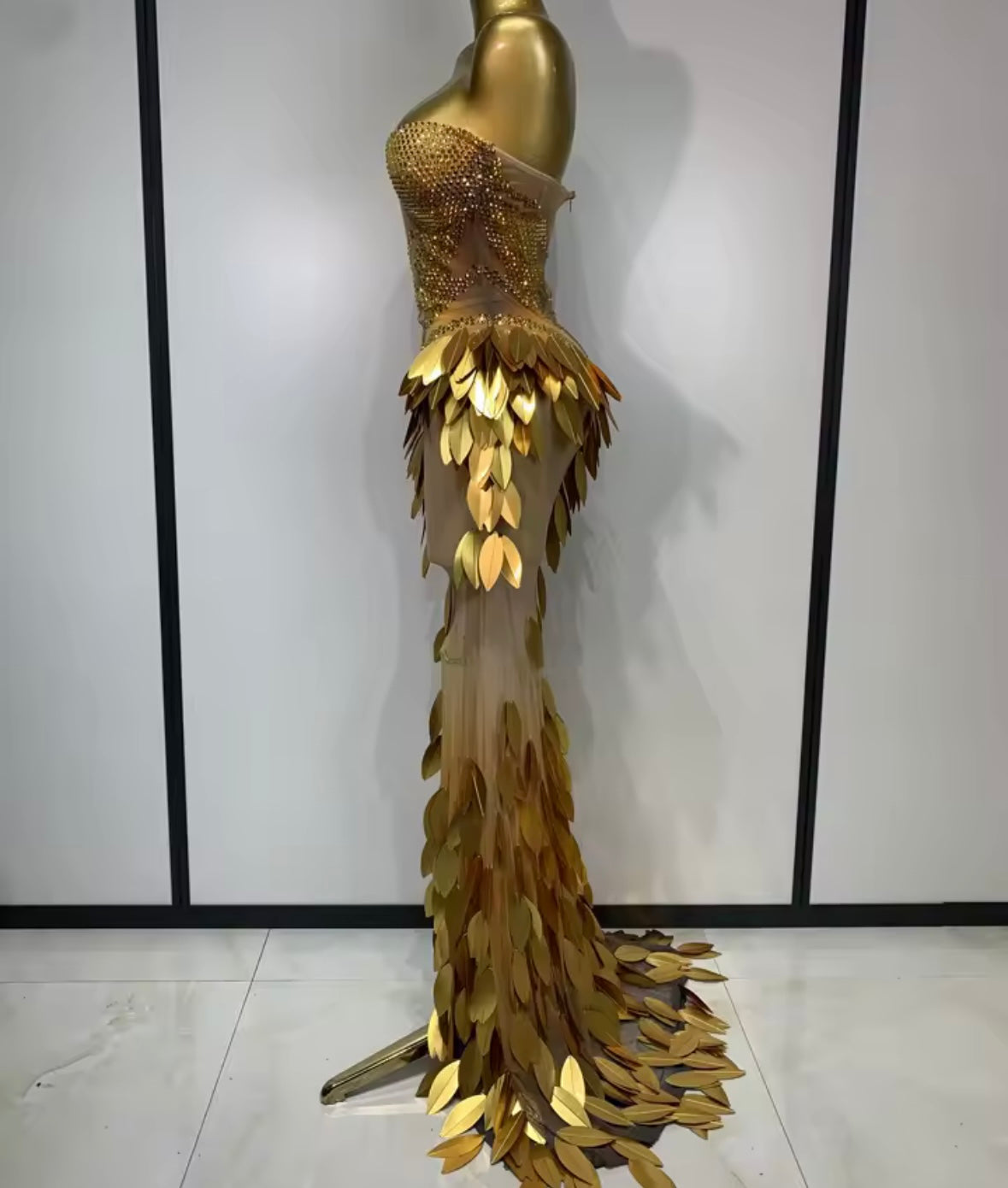 Gold Sexy Strapless Rhinestone Sequins See Through Maxi Dress
