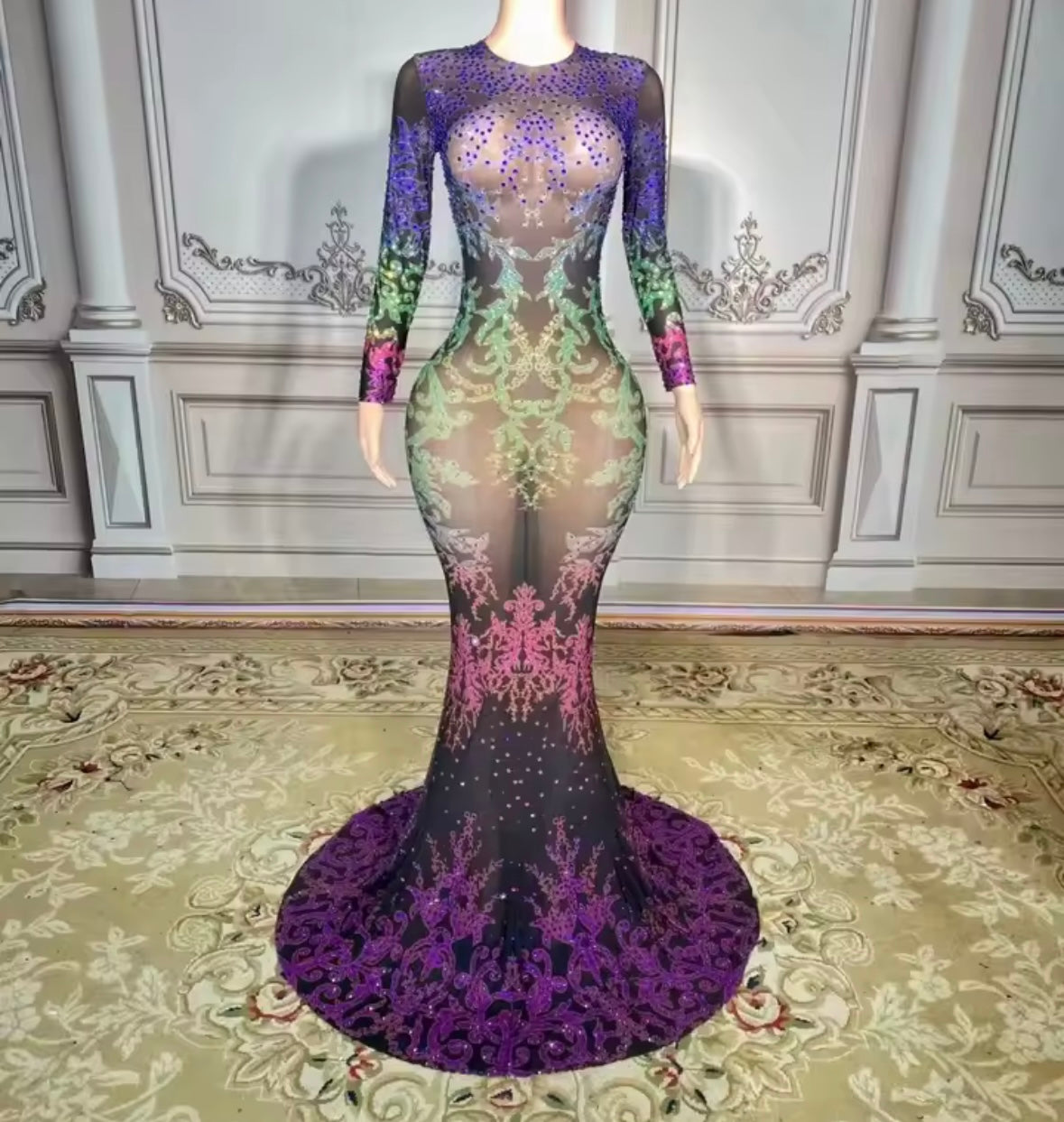 Sexy Colorful Rhinestone Full Sleeve See Through Mermaid Dress