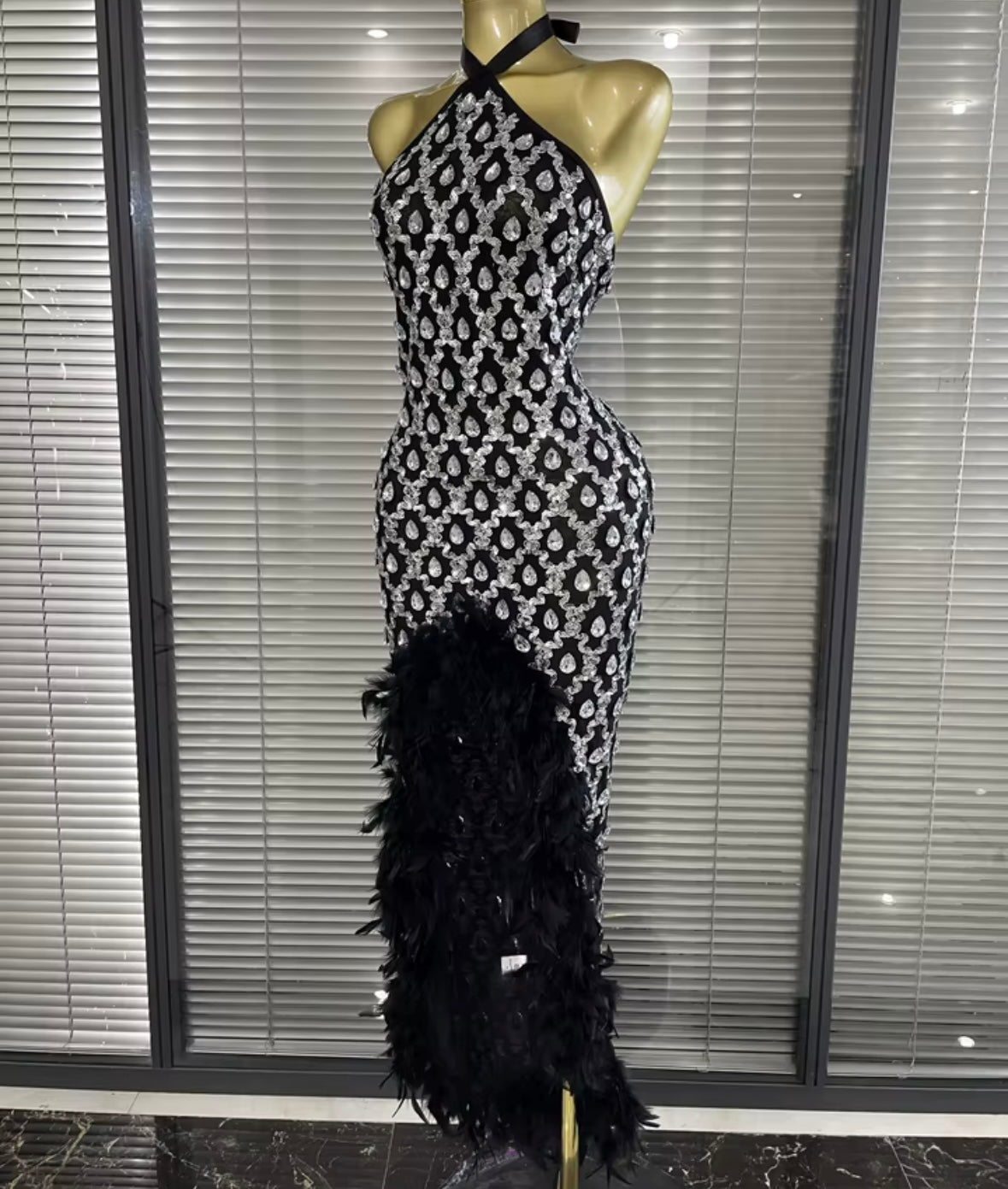 Sexy Black Halter Sleeveless Rhinestone Feather Maxi Dress