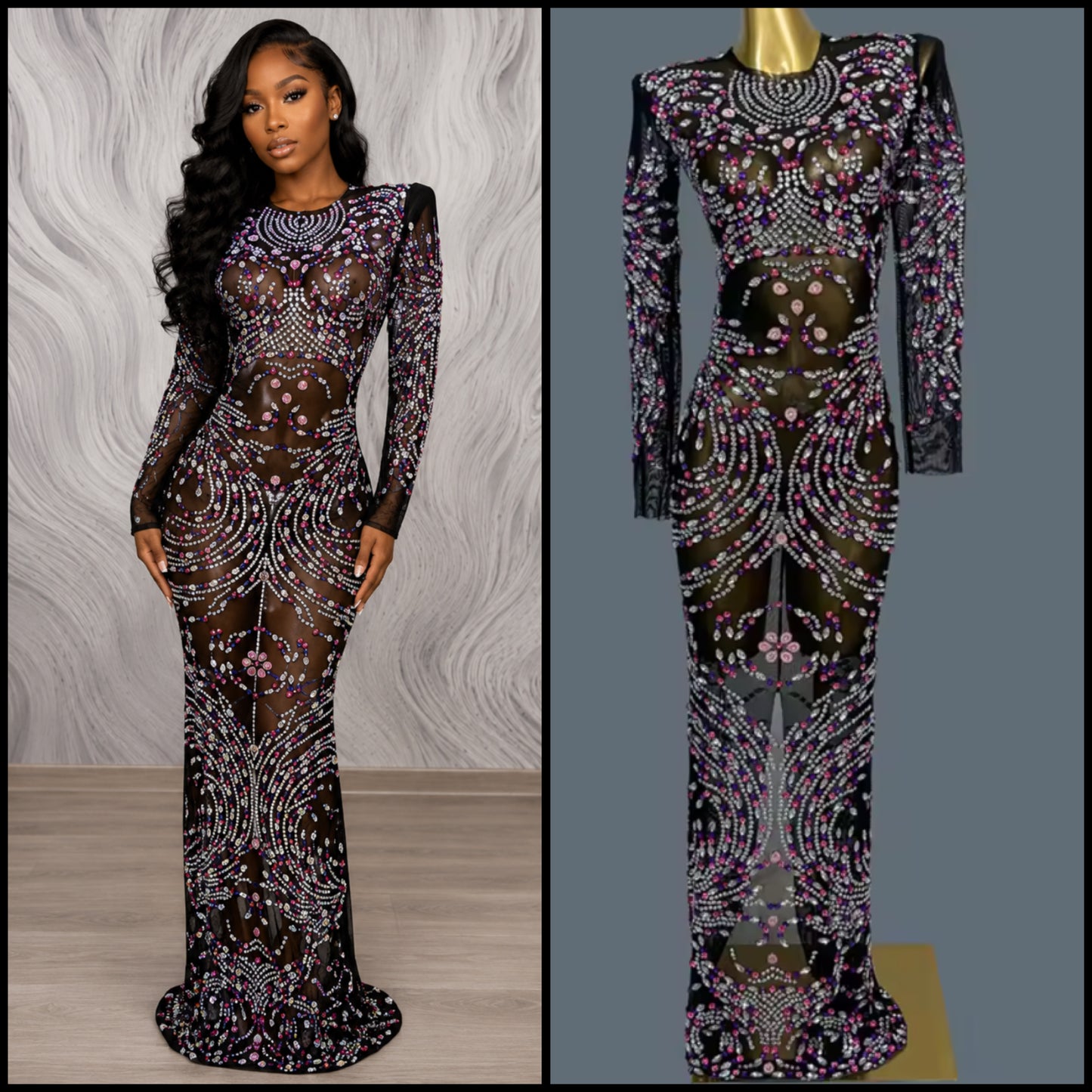 Black See Through Full Sleeve Color Rhinestone Maxi Dress