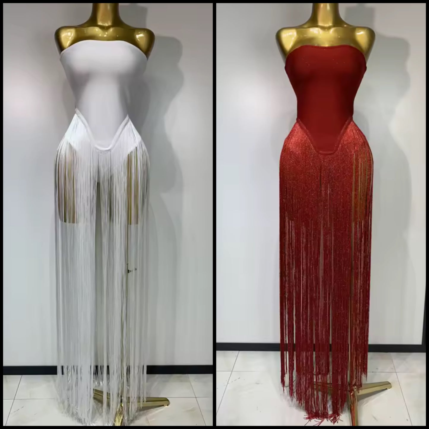 Sexy Strapless Fringe Tassel Maxi Dress