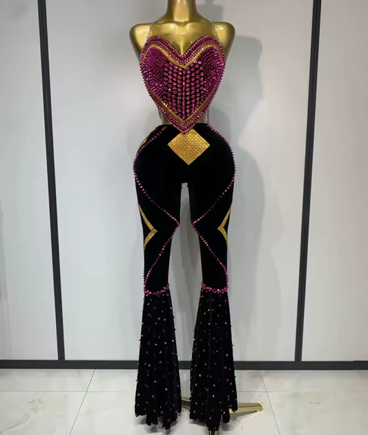 Chain Halter Sleeveless Heart Rhinestone Two Piece Pant Set