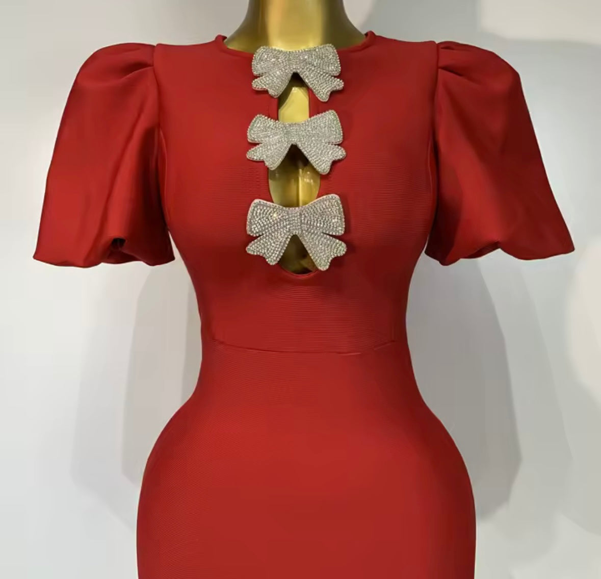 Elegant Red Rhinestone Bow Short Sleeve Maxi Dress