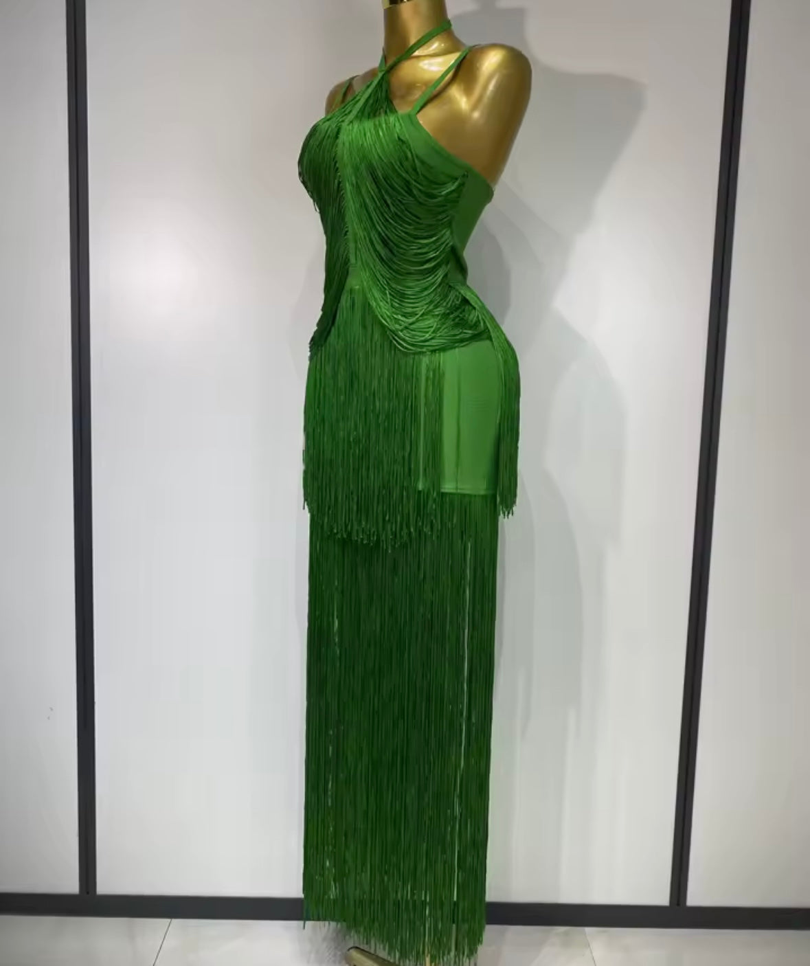 Green Halter Elegant Fringe Tassel Maxi Dress