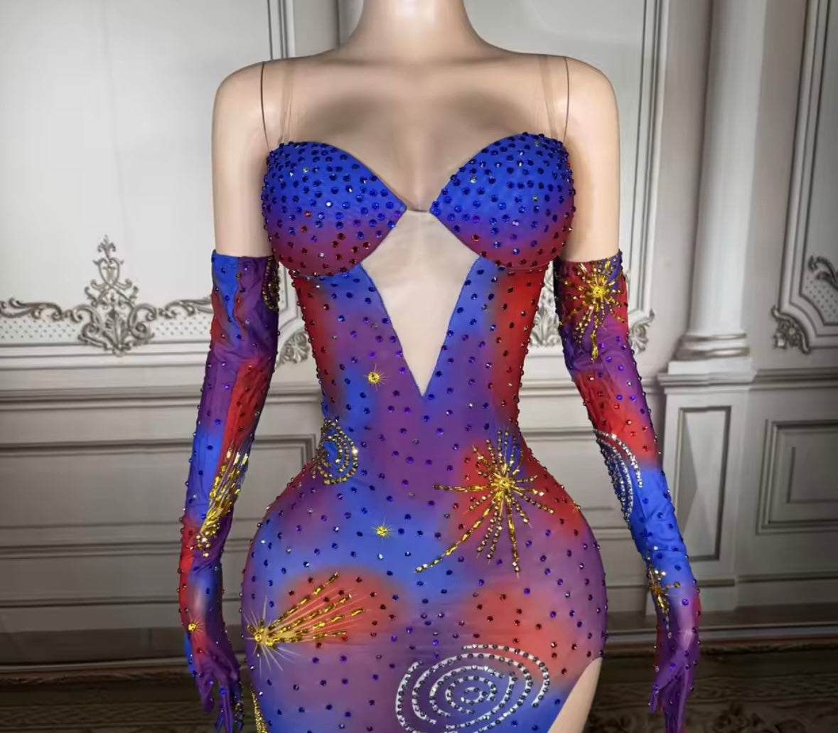 Women Sexy Sleeveless Printed Glove Side Split Maxi Dress