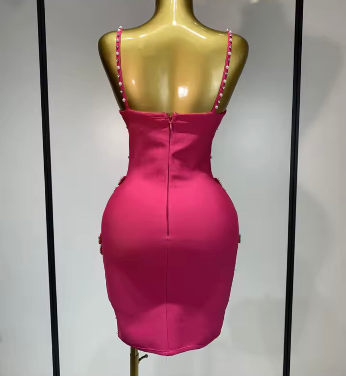 Pink Sleeveless Pearl Bow Rhinestone Dress