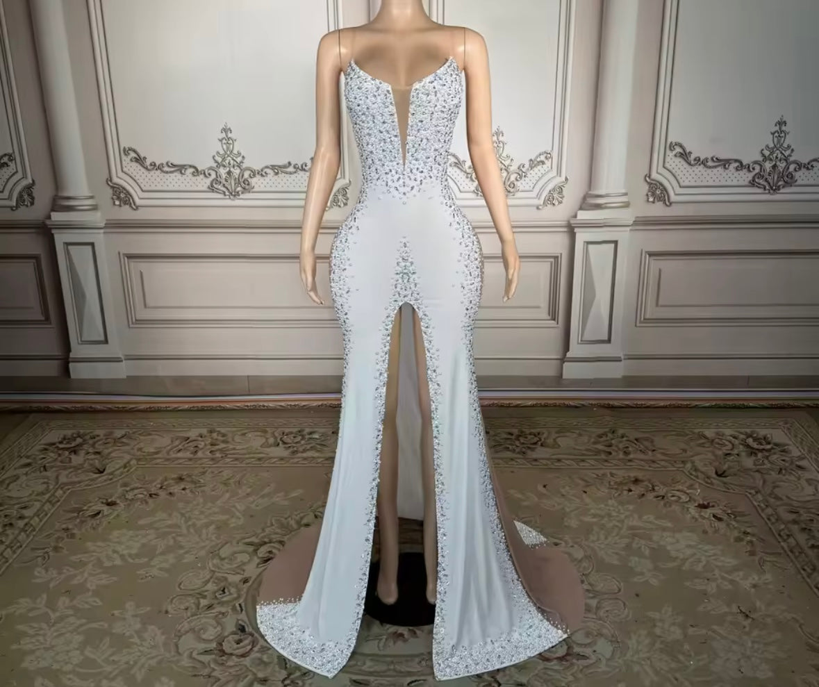 Elegant Sleeveless White Rhinestone Floor-Length Dress