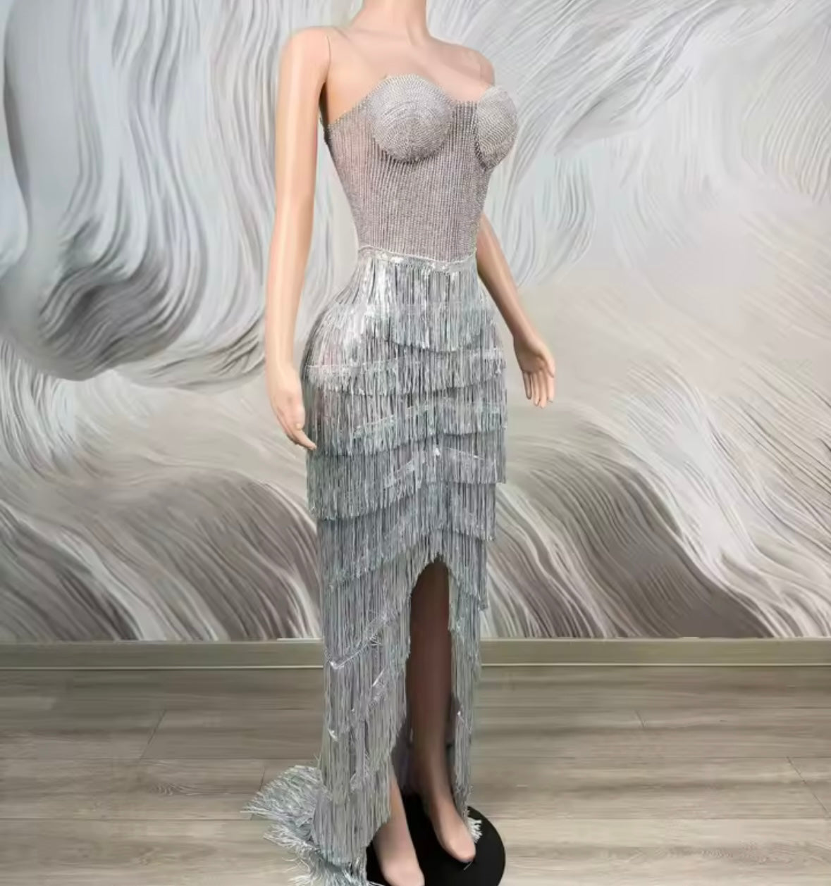 Sexy Sleeveless Silver Rhinestone Fringe Tassel Maxi Dress