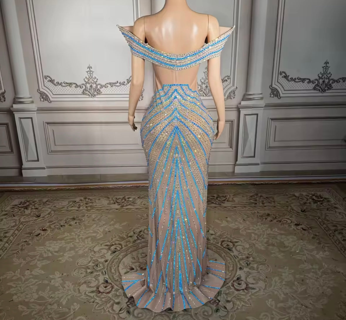 Elegant Multicolored Rhinestone Off The Shoulder Maxi Dress