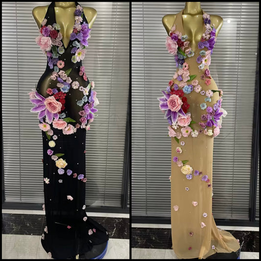 Sexy Halter Sleeveless Floral Rhinestone See Through Maxi Dress