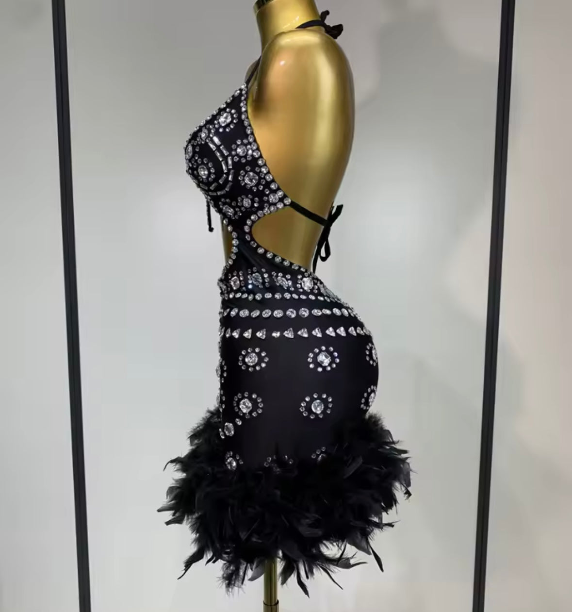 Sexy Sleeveless Rhinestone Cut Out Feather Dress