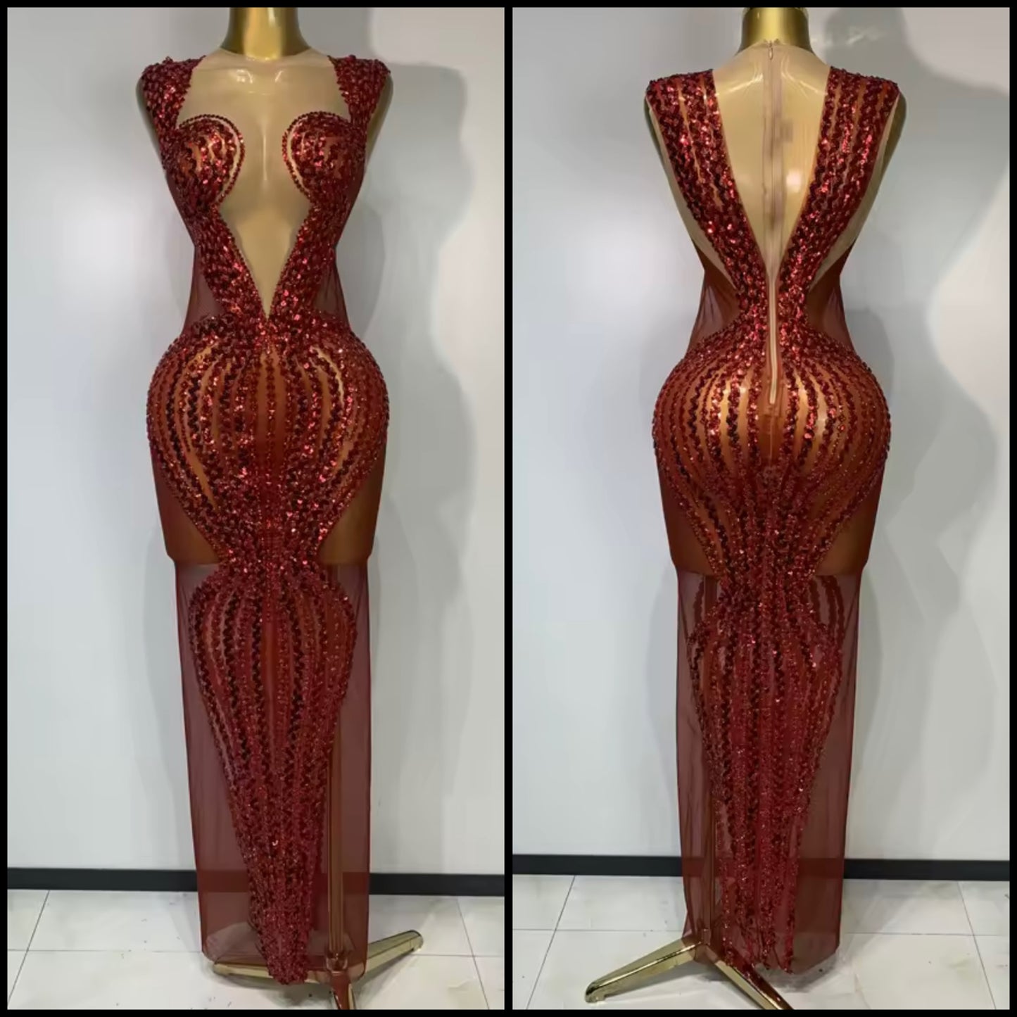 Red Sexy Sequins Sleeveless Floor-Length Dress