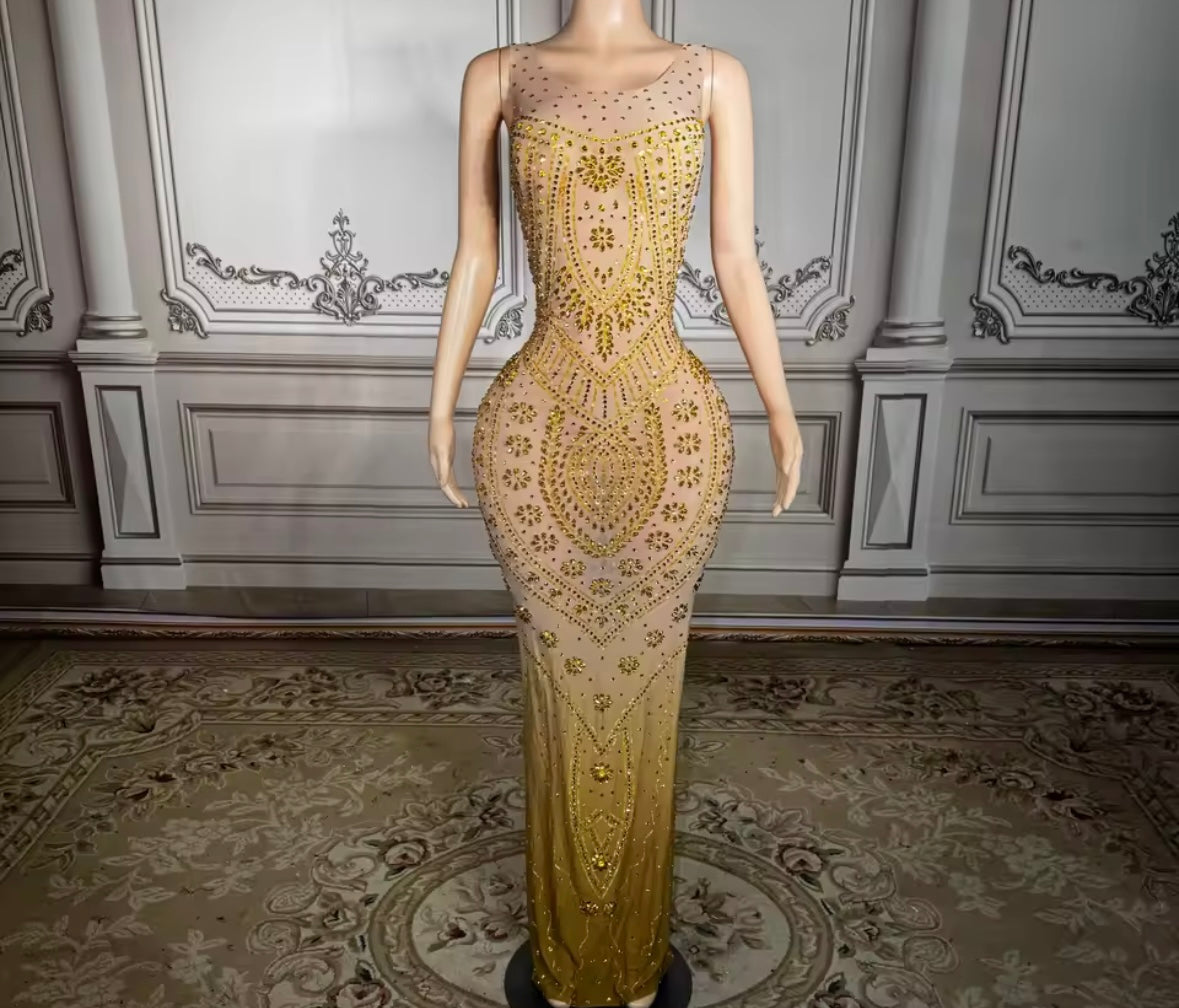 Gold Rhinestone Embellishment See Through Sleeveless Maxi Dress