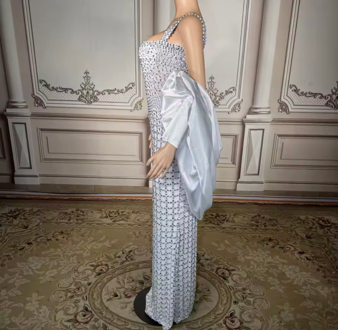 Rhinestone Embellishment Sexy Sleeveless Satin Glove Maxi Dress